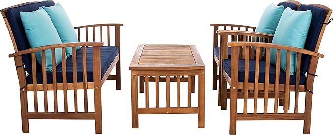 SAFAVIEH Outdoor Collection Rocklin Natural/ Navy Cushions/ Light Blue Pillows 4-Piece Conversation Patio Set