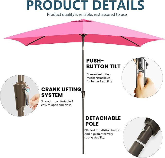 6.5x10FT Rectangular Patio Umbrella with Push Button Tilt & Crank Lift for Garden,UV Protection Outdoor Umbrella for Deck,Pool and Yard,Pink