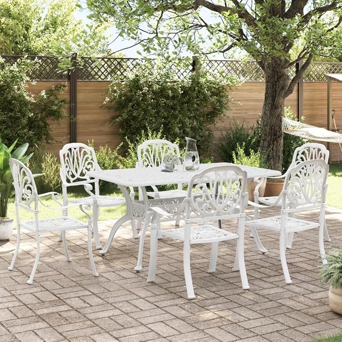 7 Piece Patio Dining Set, White Cast Aluminum Outdoor Table and 6 Chairs for Backyard, Garden and Lawn, 59-Inch Rectangular Dining Table with Umbrella Hole