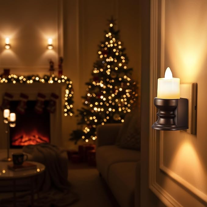 Meonum Flickering Flameless Candle Night Light Plug in, Dimmable LED Nightlight with Dusk to Dawn Sensor, Decorative Candle Light for Bedroom, Hallway, Bathroom(4 Pcs,Warm Yellow & Brown Base)