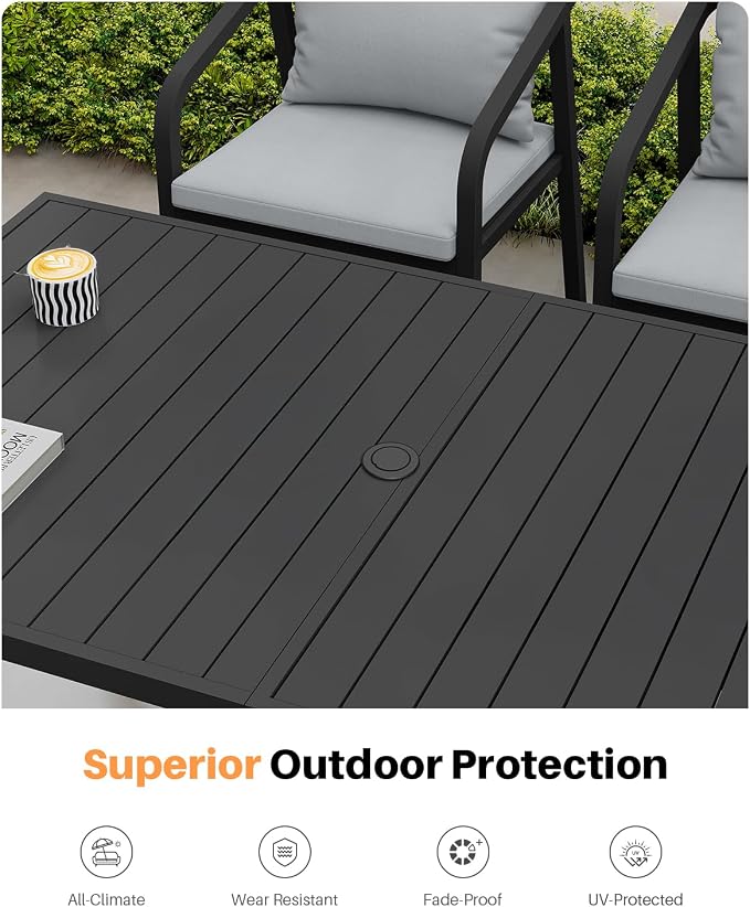 Never-Rust Aluminum Patio Dining Table, 63" x 35" Rectangular Outdoor Dining Table for 6, Outdoor Patio Table with Umbrella Hole for Poolside, Commercial, Porch, Deck, Black