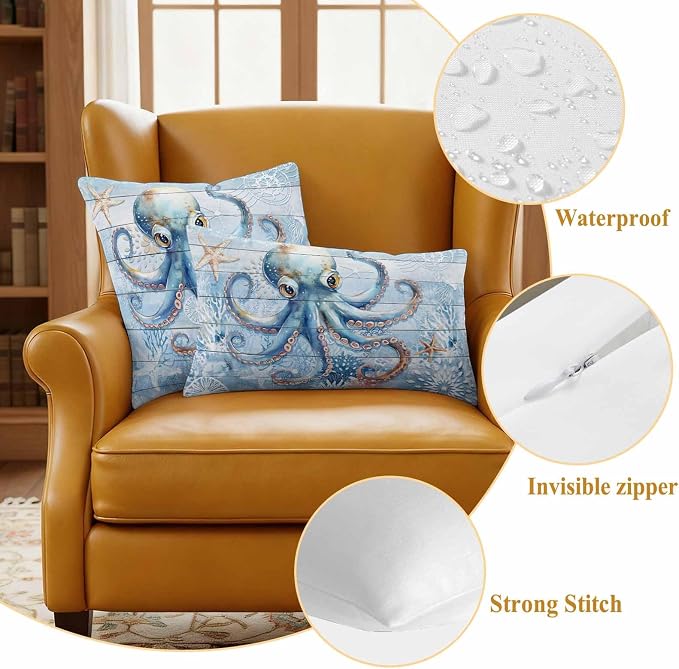 Coastal Octopus Waterproof Outdoor Pillow Covers Set of 2 Home Decor, Nautical Sea Starfish Coral Wooden Grain Pillowcase Patio Pillow Covers for Couch Bench Furniture Garden 20x12in
