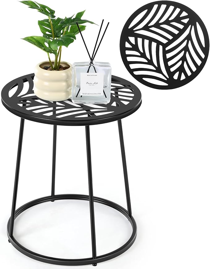 Vercraft Small Outdoor Side Table, 14" Patio Side Tables with Flower Cut Outs Weather Resistant Metal Outdoor End Table for Patio Outside Porch Balconies Garden(Black,Hollow Leaf)