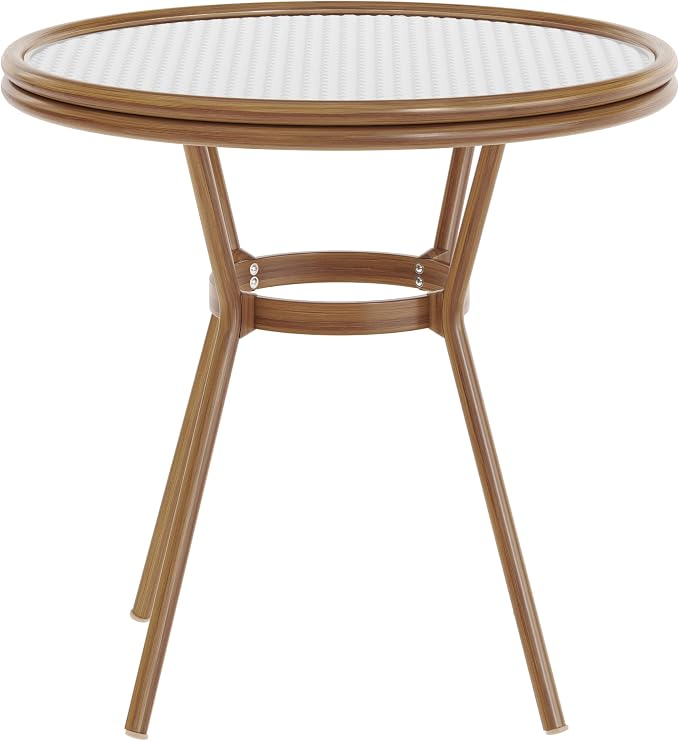 Flash Furniture Lourdes Indoor/Outdoor Commercial Bistro Table - Tempered Glass Top - PE Rattan - Natural Bamboo Print Aluminum Frame - 31.5" - White/Gray