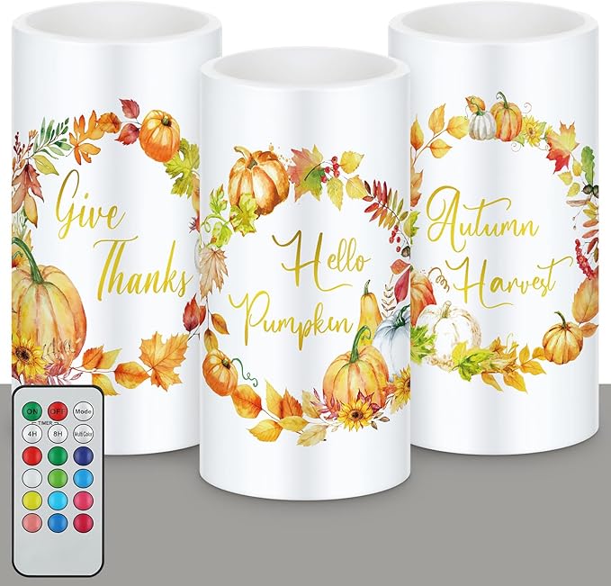 Retisee 3 Pcs Thanksgiving Flameless LED Candles Pumpkin Wreath Battery Operated Candles with Remote Thanksgiving Pumpkin Decor for Table Centerpiece Bedroom Living Room Fall Autumn Decorations