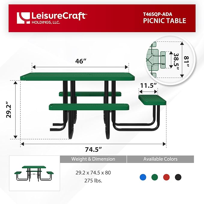 Leisure Craft Metal Picnic Table with Bench - 46" Square Outdoor Dining Table with Umbrella Hole, Heavy Duty Thermoplastic Coating, ADA Compliant, Commercial Grade Furniture Made in USA - Green