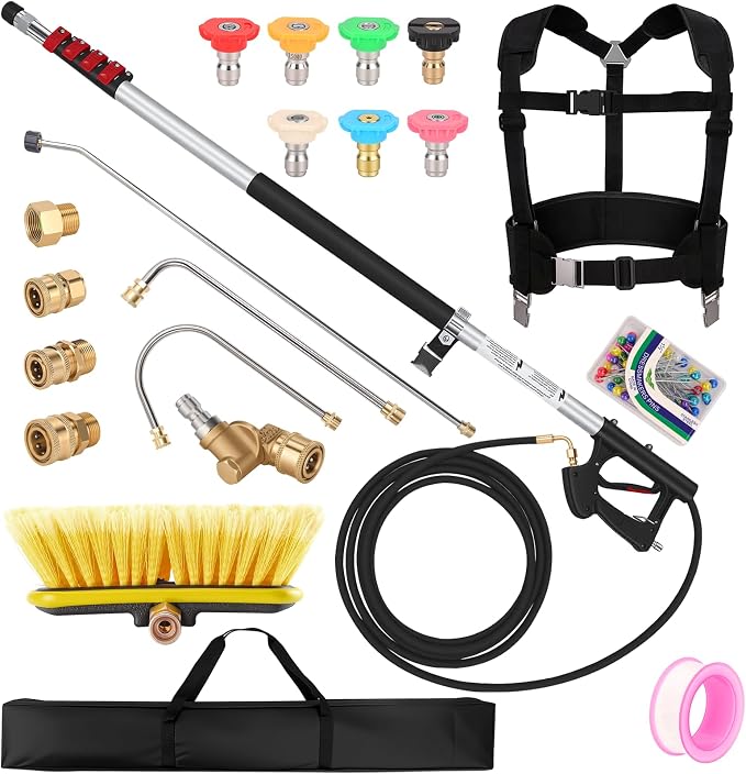 24 FT Telescoping Pressure Washer Wand, Gutter Cleaning Tool with Power Washer Extension Wand, Pivoting Coupling, 7 Nozzle Tips, 4 Adapters, Upgraded Support Belt for Gutter Window (Silver-Brush)