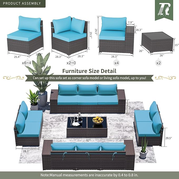 12 PCS Outdoor Patio Furniture Set,Outdoor Sectional Furniture All Weather PE Rattan Wicker Patio Conversation Set with 2 Coffee Tables and 10 Thickened Cushions,Turquoise Blue