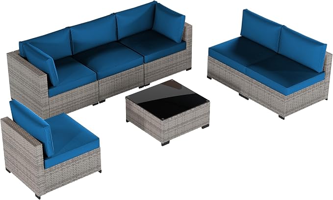Patio Furniture Set 7 Pieces Conversation Set Wicker Outdoor Sectional Sofa,Ergonomic Armrests Couch with Cushion and Glass Table (Grey White-Peacock Blue, 7 Piece-Single)