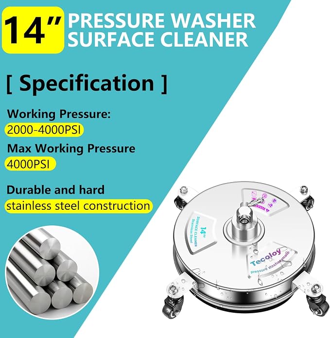 14" Pressure Washer Surface Cleaner with 4 Wheels-Stainless Steel Power Washer Accessories for Concrete Driveways Sidewalks Patios Cleaning (14 INCH Silver)
