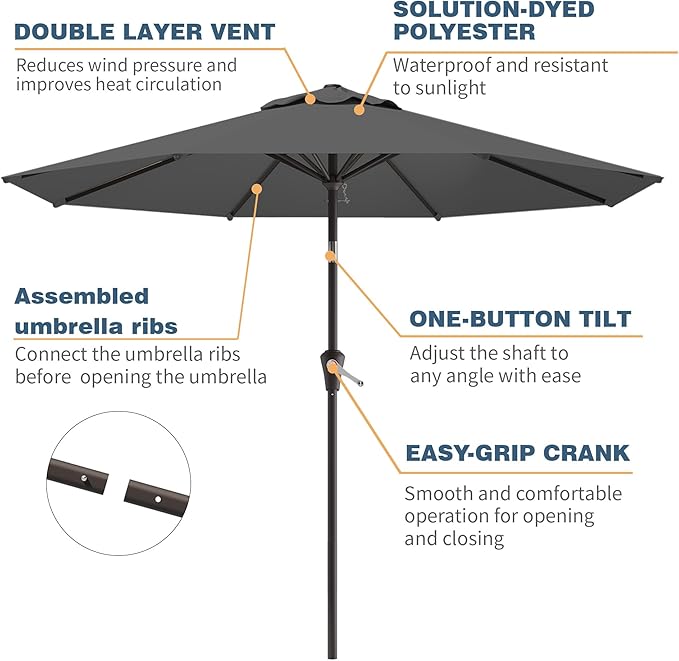 10FT Patio Umbrella, Outdoor Umbrella with Push Button Tilt and Crank, 8 Sturdy Ribs, UV Protection & Waterproof Market Umbrella for Pool, Backyard, Beach,Deck (Gray)