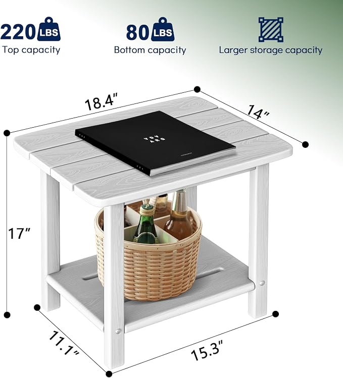 nevilywood HDPE Adirondack 2-Tier End Table Wood Texture- Weatherproof Outdoor Side Tables - Sturdy HDPE Material - Poolside, Patio,Lawn or Indoor & White