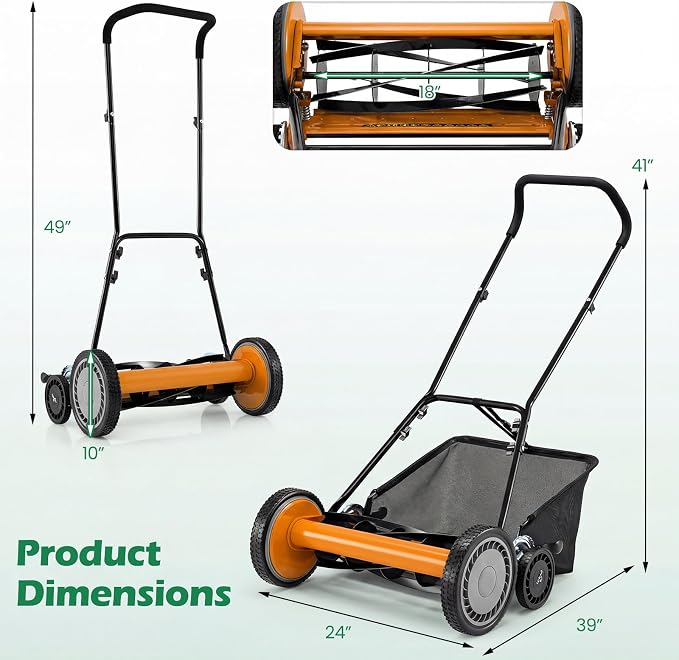 Push Reel Lawn Mower, Cordless 18" Manganese Steel Manual Grass Cutter with 5-Blade, Removable Grass Catcher, 9 Cutting Heights, Walk-Behind Lawn Mower for Garden Farm Yard (Orange)