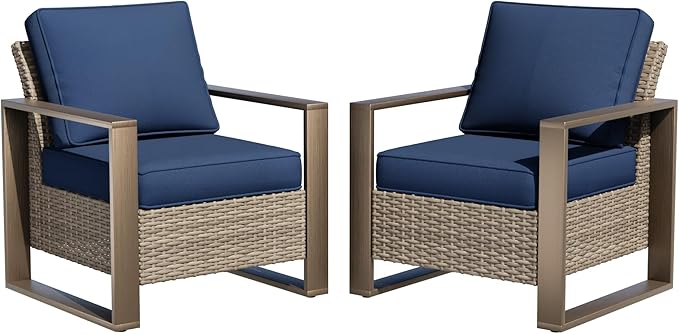 Patio Metal Wicker Chairs Set of 2, All Weather Outdoor Rattan Dining Chairs with Rectangular Framed Wood-Looking Armrest & Fade-Resistant Cushions for Deck Balcony Backyard, Dark Blue