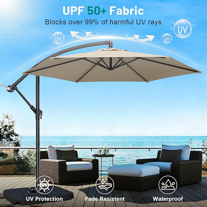 AreShark 10FT Patio Outdoor Umbrella, Offset Patio Umbrella Cantilever Umbrella, 6 Sturdy Ribs, Easy Adjustment for Garden Market Pool with Cross Base (Beige)