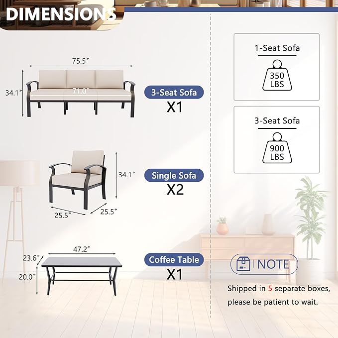 Kurapika Aluminum Patio Furniture Set 5-Seat Modern Metal Outdoor Conversation Sets w/5.1 Inch Cushion Patio Sectional Sofa with Rectangular Coffee Table, Sand