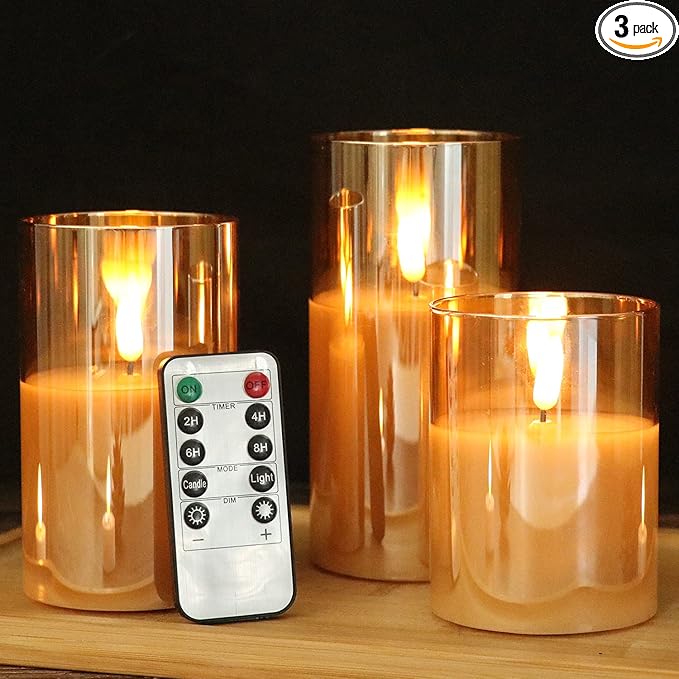 GenSwin Flameless Led Candles Flickering Battery Operated with Remote, Real Wax 3D Wick Moving Pillar Candles with Timer Remote Glass Effect for Festival Wedding Christmas Home Decor(Gold)