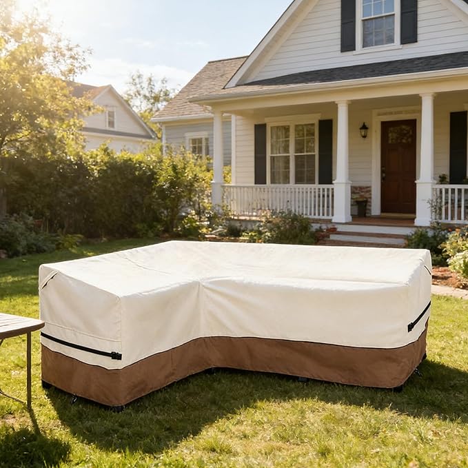 okcool Outdoor Sectional Sofa Cover Waterproof-L-Shaped Patio Furniture Covers for 4-Seater Outdoor Sectional Furniture Couch 58”W (Left Side) x 85”W (Back Length),Beige & Brown
