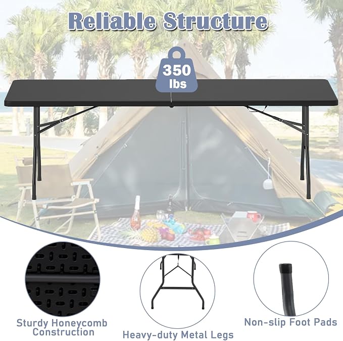 Tangkula 8 FT Folding Table, Indoor Outdoor Foldable Plastic Table with HDPE Tabletop, Sturdy Metal Fame, Carrying Handle, Heavy Duty Portable Fold-in-Half Picnic Table for Camping BBQ Party