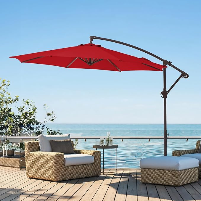 10FT Patio Umbrella, Outdoor Offset Cantilever Umbrella with Sturdy 8 Ribs and Reinforced Base, Easy Tilt Adjustment for Backyard Pool Garden,Red