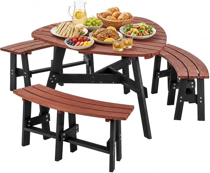 6 Person Wooden Picnic Table, Outdoor Picnic Tables with 3 Built-in 500 LBS Benches, Circular Camping Dining Table and Chairs Set with Umbrella Hole for Garden, Patio, Backyard