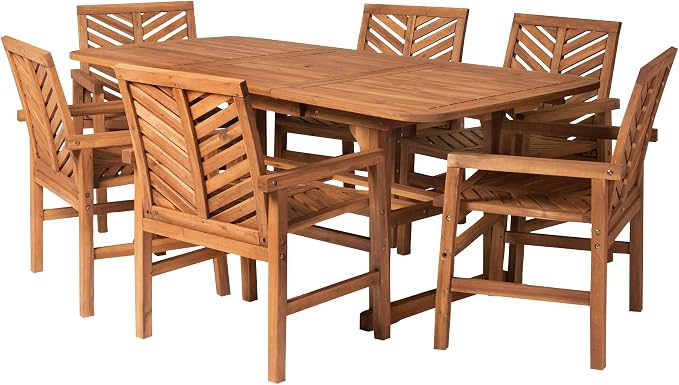 Walker Edison AZW7TXVINBR 6 Person Outdoor Wood Chevron Patio Furniture Dining Set Extendable Table Chairs All Weather Backyard Conversation Garden Poolside Balcony, 7 Piece, Brown