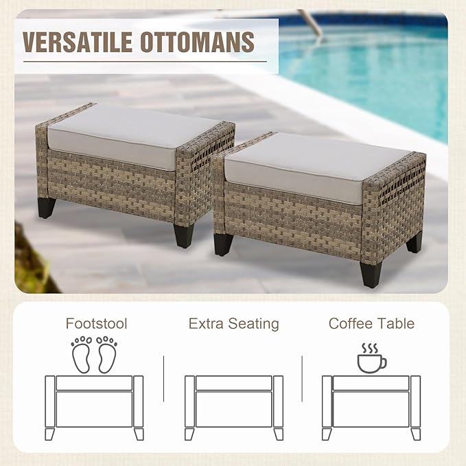 Modern Wicker Patio Furniture Set, Rattan Outdoor Conversation Set with Comfortable Cushions, 2 Patio Chairs, 3 Seat Couch and 2 Ottomans, 5 Pieces, Brown/Gray