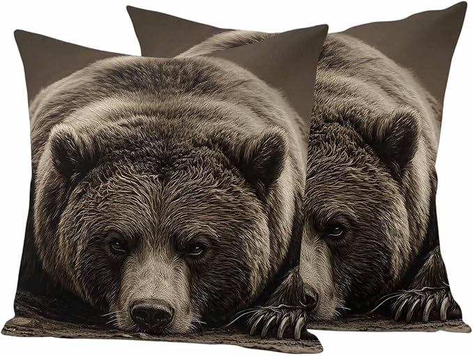 Waterproof Pillow Covers Set of 2,Rustic Brown Grizzly Bear Outdoor Pillow Protectors with Zipper Pillowcases for Patio Tent Garden Beach 16x16 Inches Abstract Forest Wildlife Animal