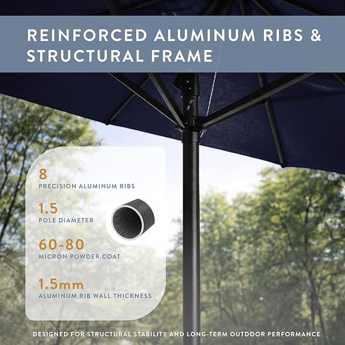 California Umbrella 8-Year Protection 9 Ft Outdoor Patio Umbrella, Solstice Fade-Resistant Fabric, Auto-Tilt, Heavy Duty Aluminum Frame, 8 Reinforced Ribs for Pool or Deck, Black Pole, Navy Blue