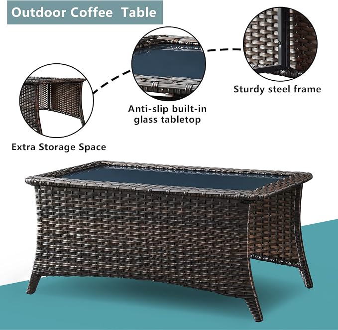 Rilyson Wicker Patio Furniture Chairs Set - 8 Piece Rattan Outdoor Patio Sectional Conversation Sets with 1 Sofa,4 Armrest Chairs,1 Coffee Table and 2 Ottomans for Porch Deck Garden(Brown/Blue)