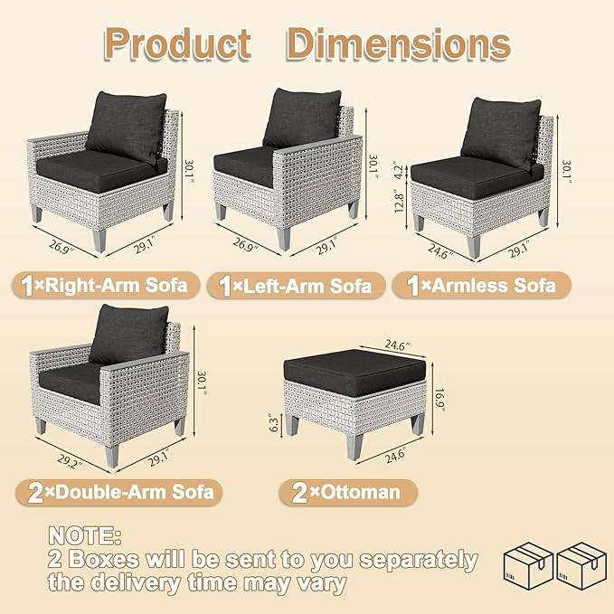 7 Pieces Patio Furniture Set with Ottomans, Modern Outdoor Sectional Sofa with Comfy Cushions, Modular Wicker Rattan Patio Conversation Set for Garden Poolside Deck, Black