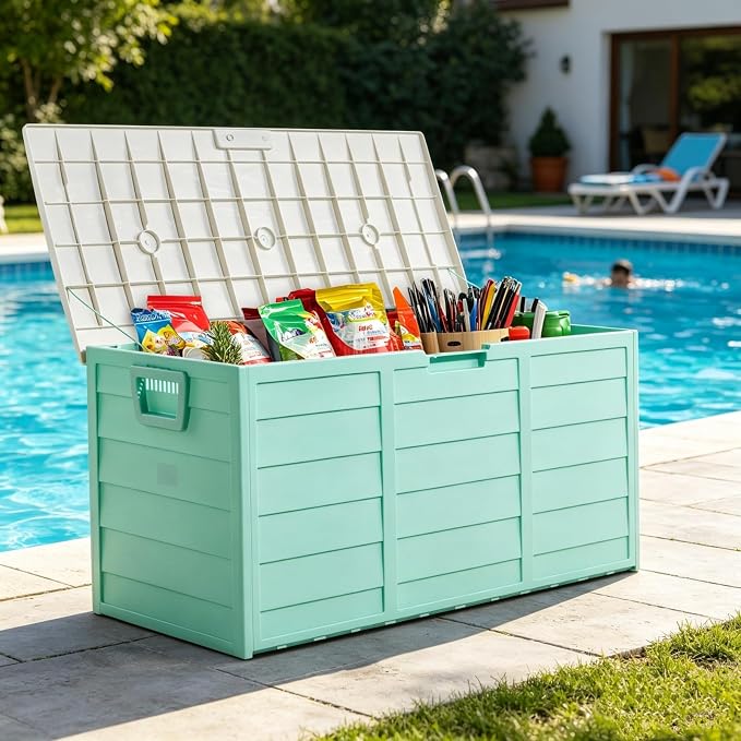 75 Gallon Waterproof Outdoor Deck Box with Wheels, Lockable Resin Patio Storage Container for Cushions, Garden Tools, Pool Accessories and Outdoor Supplies, Green White