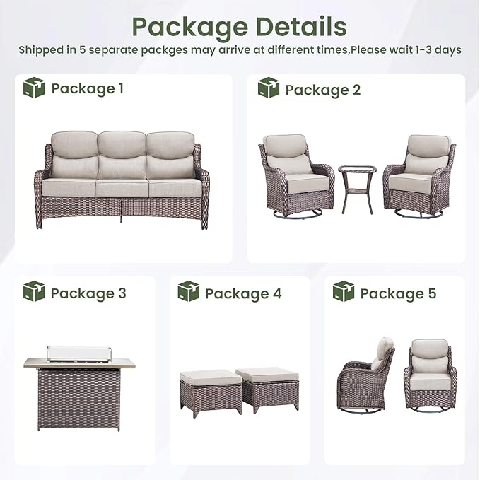 Luxury Patio Furniture Set with 6-inch Thick Cushion, Outdoor Furniture with Fire Pit Table, Swivel Chairs, Sofa, Side Table, Ottomans, 9pcs Wicker Conversation Set for Deck Yard and Poolside(Beige)