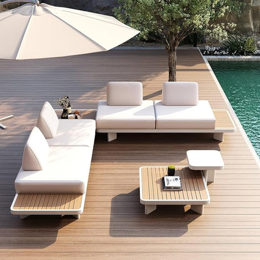 homary Outdoor Modular Sectional Sofa Set, Pool Lounge Chairs 5-Piece Outdoor Patio Conversation Sets with Waterproof Cushion and Coffee Tables（Without Umbrella） for Patio, Balcony, Garden, Pool