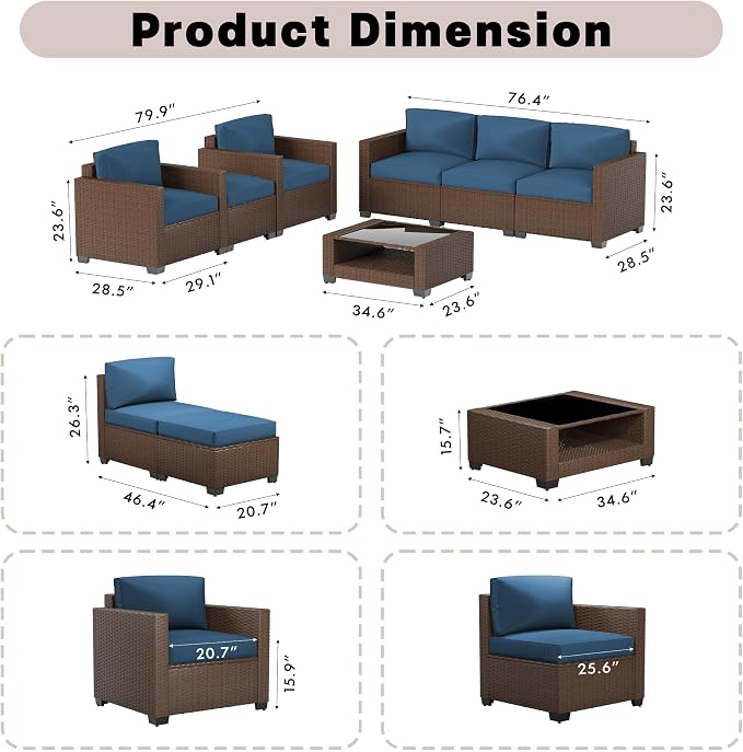 Patio Furniture Set, 7-Piece Outdoor Sectional Couch with Coffee Table & Thick Cushions, Outdoor Wicker Conversation Set for Backyard, Poolside, Garden (Brown-Peacock Blue, 7 Piece-Double)