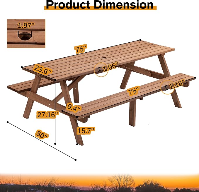 75" Rectangular Picnic Table for Outdoors,8 Person Wooden Picnic Tables,Outdoor Camping Dining Tables with 2 Seats DIY with 2 Built-in Benches for Garden Courtyard BBQ,2220lb Capacity,Brown