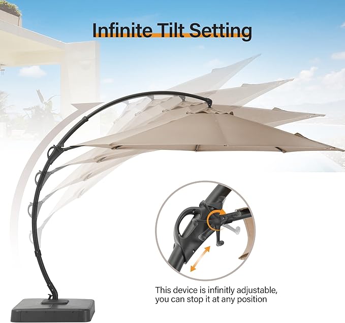 LAUSAINT HOME 12ft Patio Cantilever Umbrella with Base Included, Outdoor Curvy Round Offset Umbrella, Heavy Duty Aluminum, 360° Rotation for Pool, Deck, Lawn, Backyard (Upgraded Sunbrella Fabric Beige)