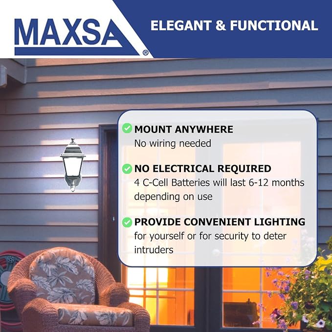 MAXSA 43319-RS Battery-Run Motion-Activated Outdoor Metal Sconce Black | Metal and Glass Battery-Powered No Wiring, 13x8.5x6" Motion Operated, Screw into Wall, Black Warm White LEDs Amazon Exclusive