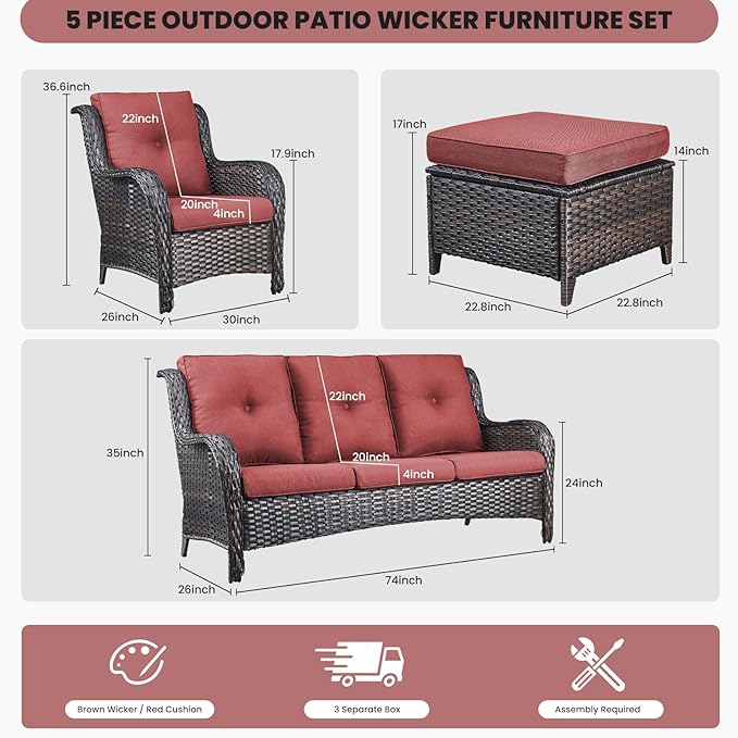 Belord Outdoor Wicker Furniture 5 Pieces Patio Furniture Sofa Set Patio Wicker Chairs with Ottomans Conversation Set for Porch Garden Deck Balcony Poolside