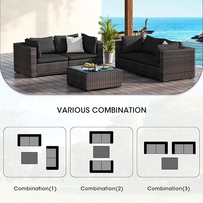 Patio Furniture Set 5 Piece All Weather PE Rattan Outdoor Sectional Sofa Couch with 4 x arm Sofa, No-Slip Cushions and Glass Top Table for Garden, Poolside, Backyard (Black)