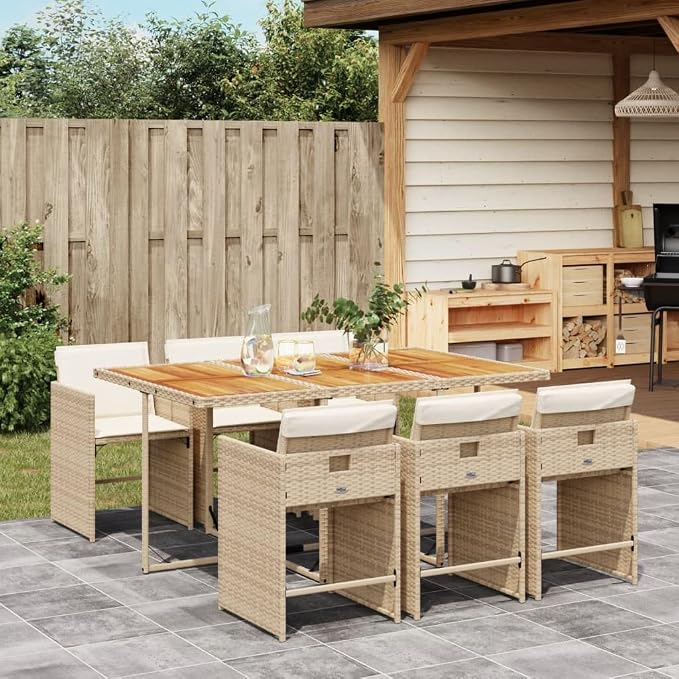 7 Piece Outdoor Dining Set, PE Rattan Patio Furniture with Acacia Wood Table and 6 Foldable Chairs, Comfortable Cushioned Seats for Garden Backyard Balcony