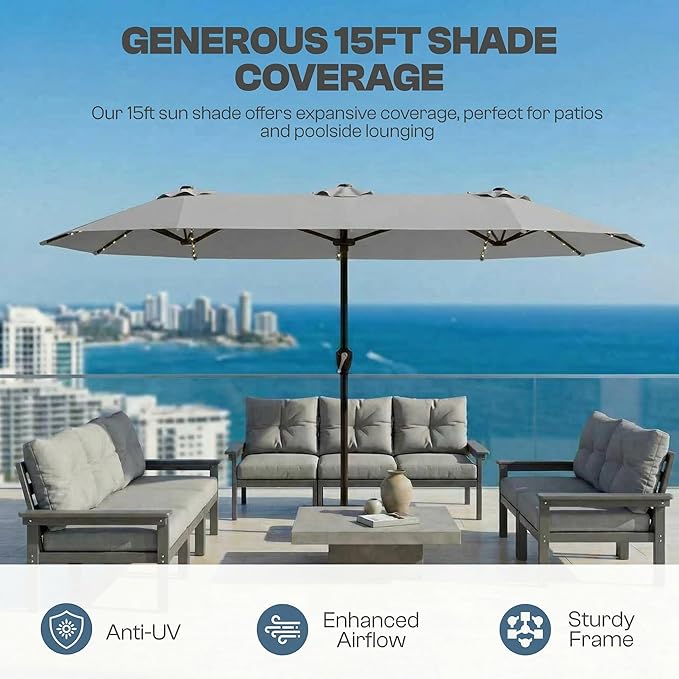 15FT Patio Umbrella with Solar Lights, Double-Sided Extra Large Outdoor Table Umbrella with Base Included, Heavy-Duty 12 Iron Ribs Market Umbrella for Garden, Pool, Backyard, Light Gray