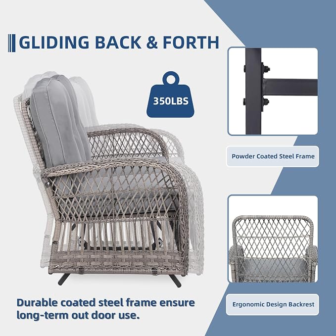 5-Piece Wicker Patio Furniture Sets Outdoor All-Weather Rattan Conversation Set Includes Glider Loveseat, 2 Glass-Top Coffee Tables, 2 Glider Rocker Chairs for Porch Backyard, Gray