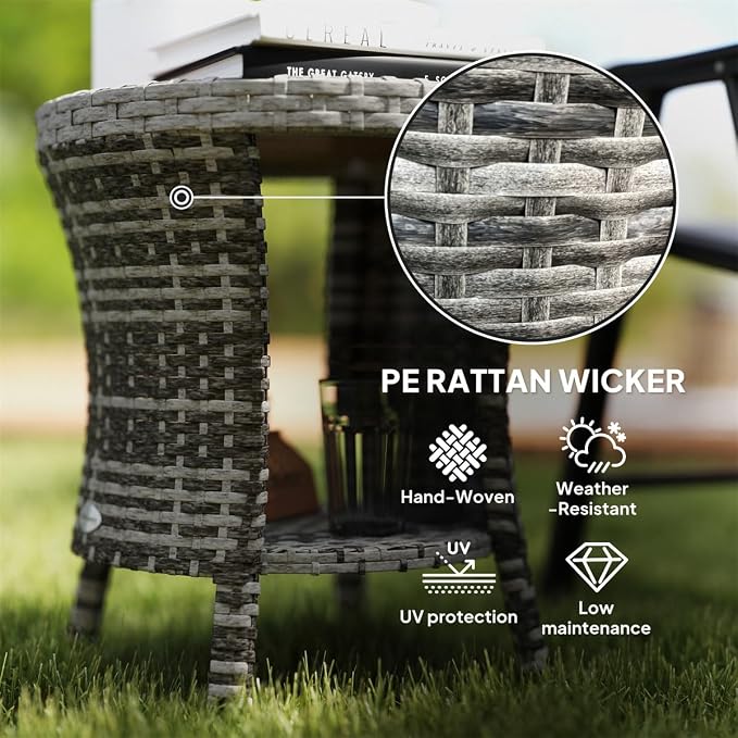 Outdoor Rattan Side Table with 2-Tier Storage, 18.1" Hourglass Shape Outdoor End Table, PE Wicker Bistro Coffee Table with Wood-Plastic Composite Top for Patio Garden Balcony, Light Gray