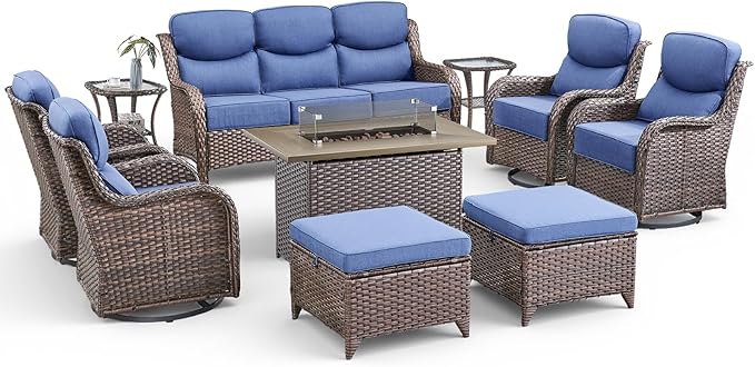 Luxury Patio Furniture Set with Fire Pit Table-10 Pieces All Weather Outdoor Swivel Rocker Chairs with Sofa and Ottomans. Outdoors Patio Conversation Sets for Porch Deck Garden Backyard(Brown/Blue)