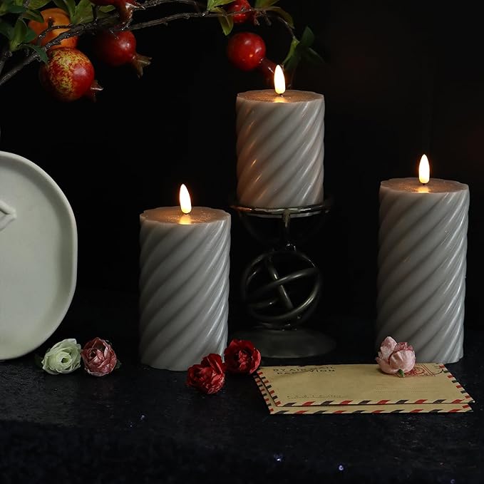 Battery Operated Flameless LED Candles with Remote Timer Real Wax Pillar Candles Electric Flickering Decorative Grey Wax Candles for Home Wedding Party Centerpiece Christmas Decor 3 PCS 3”X 4”, 5”, 6”