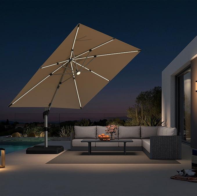 PURPLE LEAF 10 Feet Patio Umbrella with Lights Outdoor Square Cantilever Umbrella Solar Powered LED with 360-degree Rotation for Garden Deck Pool Patio, Beige