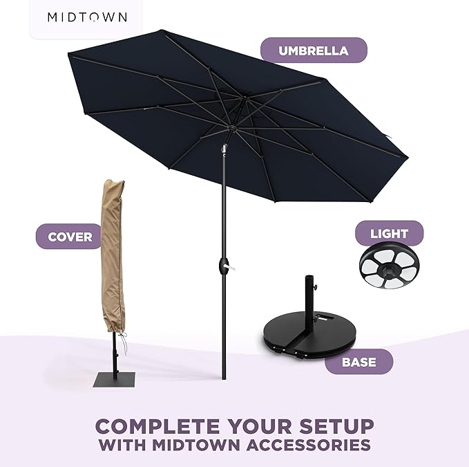 Midtown Umbrellas - The Lean 8 Ft Patio Umbrella with Fade-Resistant Sunbrella Fabric, Auto-Tilt Aluminum Frame and 8 Reinforced Ribs for Deck, Pool & Garden - Canvas Navy Canopy, Black Pole