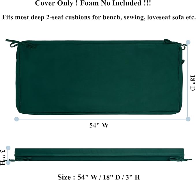 FUNHOME Outdoor Bench Cushion Covers,54" x 18" x 3", No Insert! Patio Bench Cushion Cover for Outdoor Furniture,Water Resistant Patio Loveseat Cover 1 Pack, Dark Green(Covers ONLY)