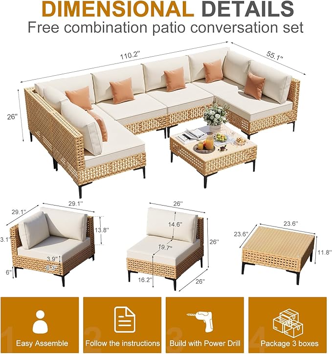 Patio Furniture Set 7 Piece Large Outdoor Sectional Free Combination Outdoor Furniture with Thick Cushion All Weather Wicker Boho Patio Conversation Sets for Porch, Deck